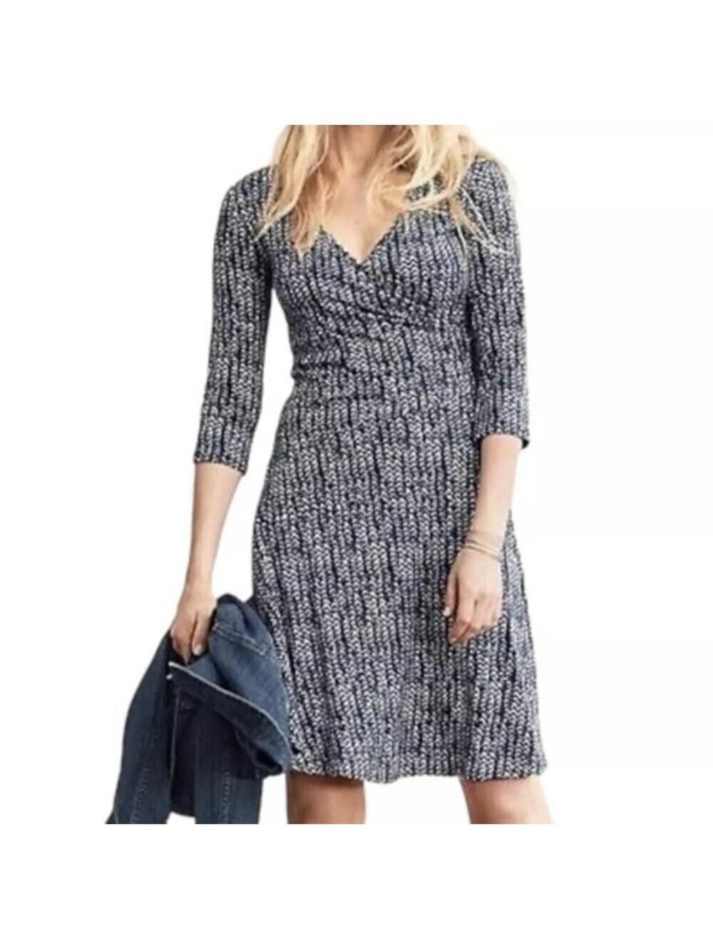 Garnet Hill EUC Women's Brianna Surplice Soft Knit Faux Wrap Lined Dress Blue XL